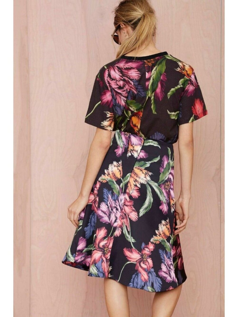 Cameo Night Lily Tropical Floral Midi Skirt Size L Black Lined - Picture 14 of 16